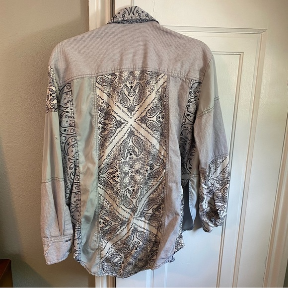 Free People Paisley Patchwork Oversized Button Up Shirt, Blue & White Floral Top - Picture 9 of 11